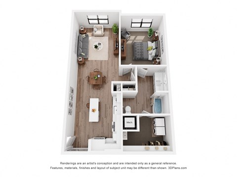 A 3D floor plan of a small apartment with a kitchen, living room, and bedroom.